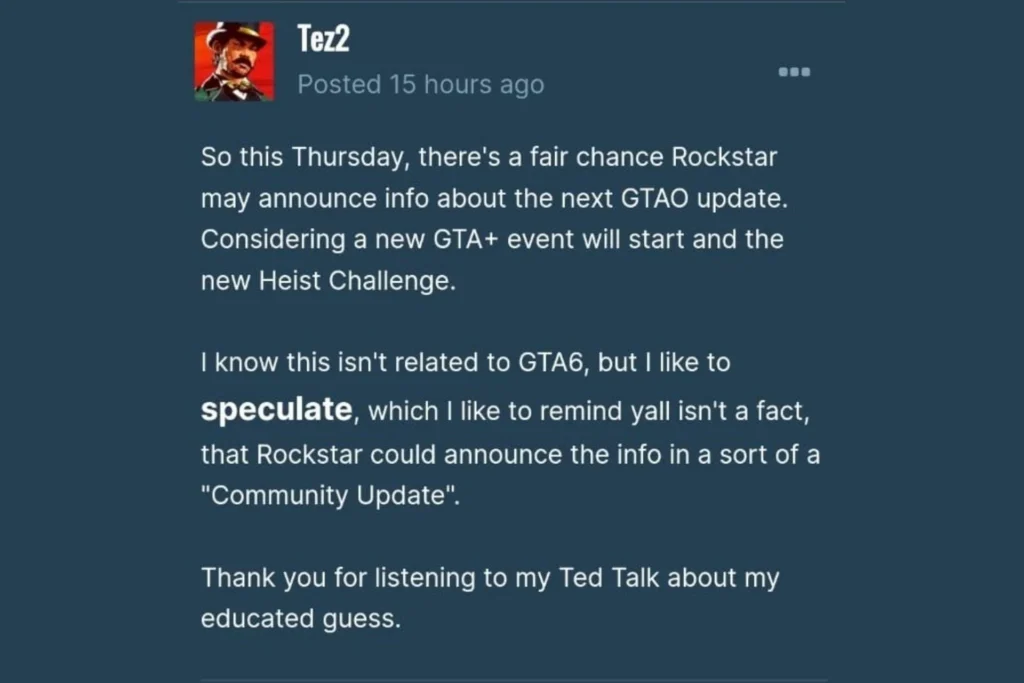 A screenshot of Tez2's post on GTA Forums