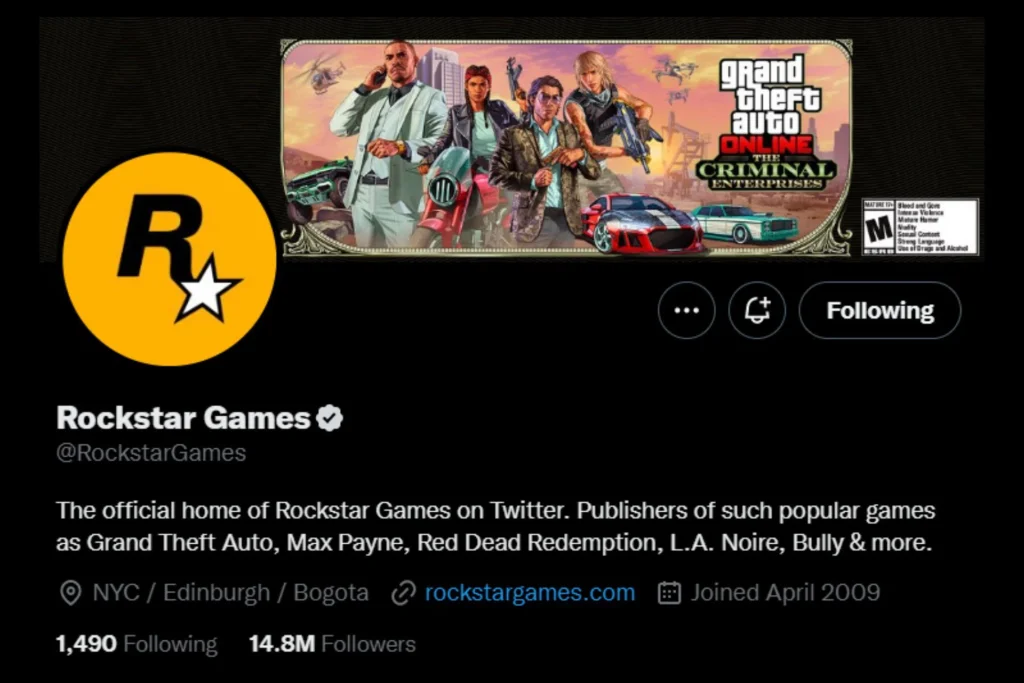 screenshot of the official Rockstar Games Twitter 